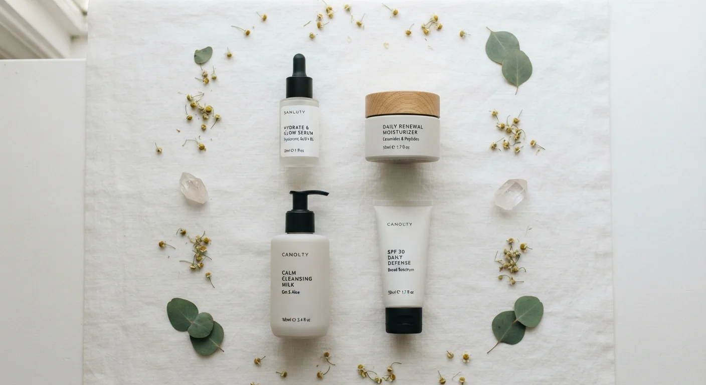 Four skincare products arranged symmetrically on a white surface in soft natural light