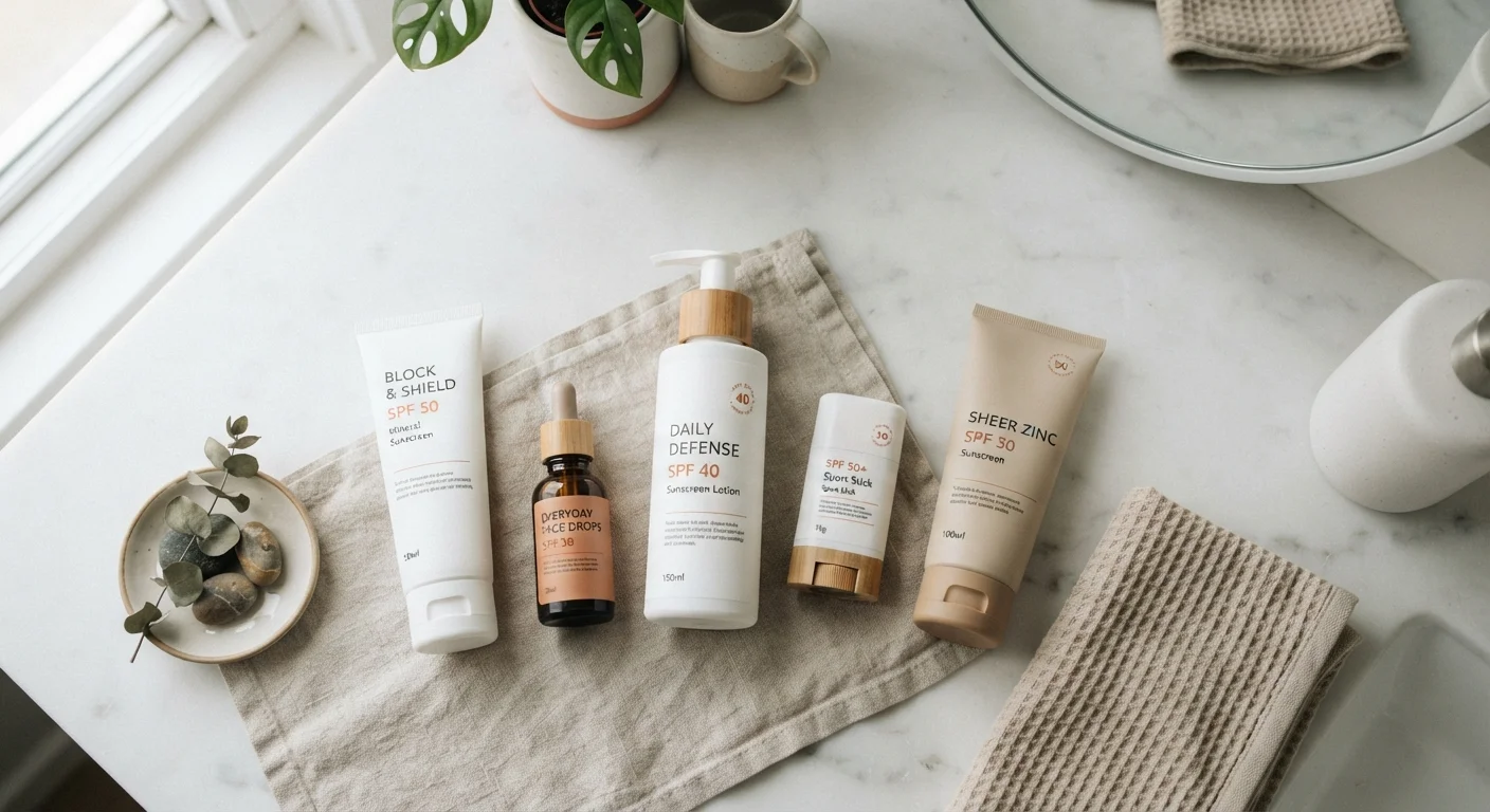 Several sunscreen bottles and tubes arranged on a white bathroom counter in natural light